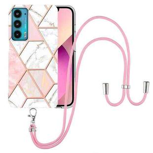 For Motorola Edge 20 Electroplating Splicing Marble TPU Phone Case with Lanyard(Pink White)