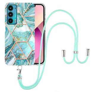 For Motorola Edge 20 Electroplating Splicing Marble TPU Phone Case with Lanyard(Blue)