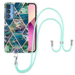 For Motorola Edge 20 Pro Electroplating Splicing Marble TPU Phone Case with Lanyard(Blue Green)