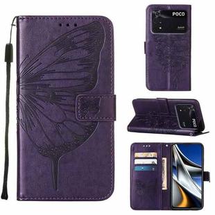 For Xiaomi Poco M4 Pro 4G Embossed Butterfly Leather Phone Case(Dark Purple)