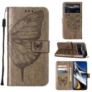 For Xiaomi Poco X4 Pro 5G Embossed Butterfly Leather Phone Case(Grey)