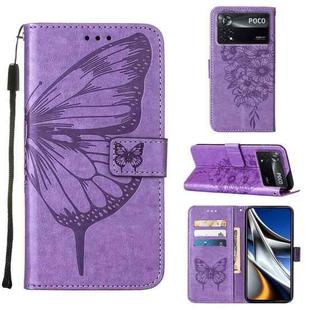 For Xiaomi Poco X4 Pro 5G Embossed Butterfly Leather Phone Case(Light Purple)