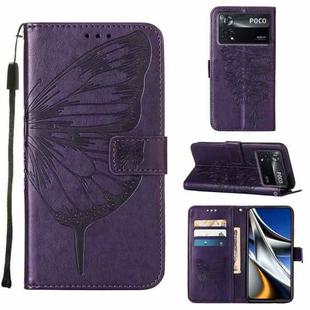 For Xiaomi Poco X4 Pro 5G Embossed Butterfly Leather Phone Case(Dark Purple)