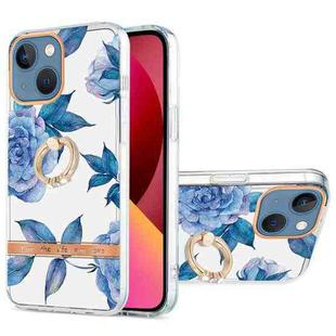 For iPhone 13 Ring IMD Flowers TPU Phone Case(Blue Peony)