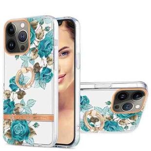 For iPhone 13 Pro Ring IMD Flowers TPU Phone Case (Blue Rose)
