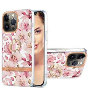 For iPhone 13 Pro Ring IMD Flowers TPU Phone Case (Pink Gardenia)