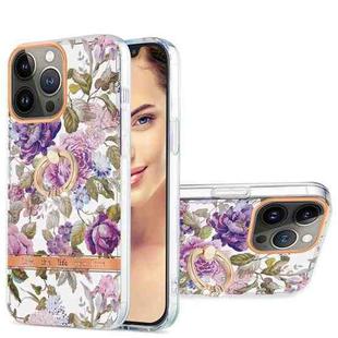 For iPhone 13 Pro Ring IMD Flowers TPU Phone Case (Purple Peony)