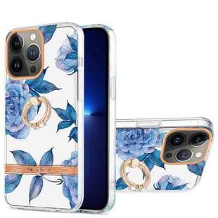For iPhone 13 Pro Max Ring IMD Flowers TPU Phone Case (Blue Peony)