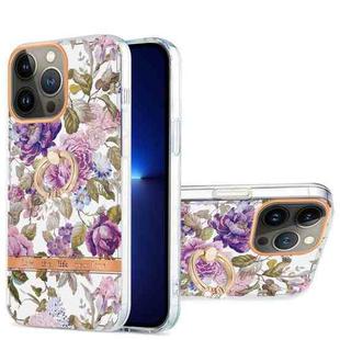 For iPhone 13 Pro Max Ring IMD Flowers TPU Phone Case (Purple Peony)