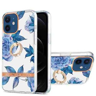 For iPhone 12 / 12 Pro Ring IMD Flowers TPU Phone Case(Blue Peony)