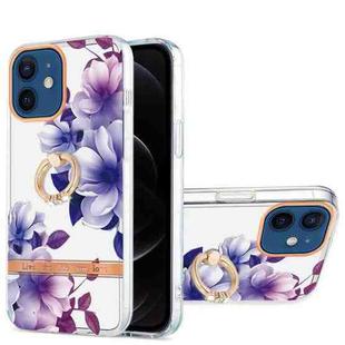 For iPhone 12 / 12 Pro Ring IMD Flowers TPU Phone Case(Purple Begonia)