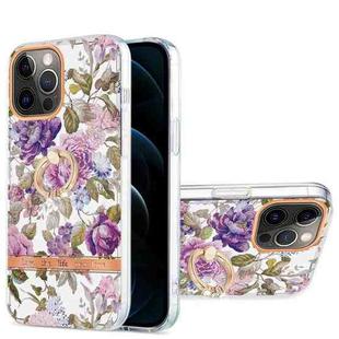 For iPhone 12 Pro Max Ring IMD Flowers TPU Phone Case(Purple Peony)