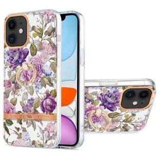 For iPhone 11 Ring IMD Flowers TPU Phone Case (Purple Peony)