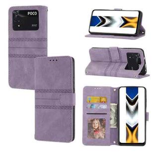 For Xiaomi Poco M4 Pro Embossed Striped Magnetic Buckle Horizontal Flip Phone Leather Case(Purple)