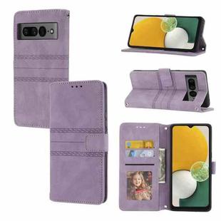 For Google Pixel 7 Pro Embossed Striped Magnetic Buckle Horizontal Flip Phone Leather Case(Purple)