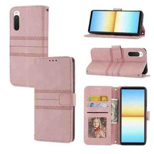 For Sony Xperia 10 IV Embossed Striped Magnetic Buckle Horizontal Flip Phone Leather Case(Pink)