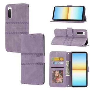 For Sony Xperia 10 IV Embossed Striped Magnetic Buckle Horizontal Flip Phone Leather Case(Purple)