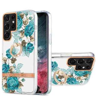 For Samsung Galaxy S22 Ultra 5G Ring IMD Flowers TPU Phone Case(Blue Rose)
