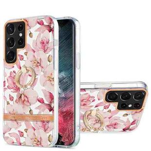 For Samsung Galaxy S22 Ultra 5G Ring IMD Flowers TPU Phone Case(Pink Gardenia)