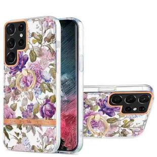For Samsung Galaxy S22 Ultra 5G Ring IMD Flowers TPU Phone Case(Purple Peony)