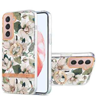 For Samsung Galaxy S21 5G Ring IMD Flowers TPU Phone Case(Green Gardenia)