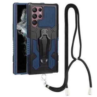 For Samsung Galaxy S22 Ultra 5G Lanyard Mecha Armor Kickstand PC + TPU Phone Case(Blue)