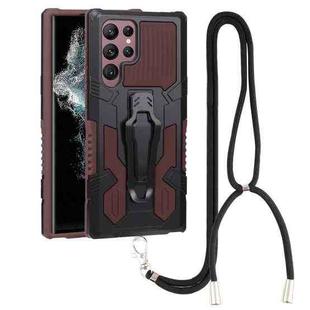 For Samsung Galaxy S22 Ultra 5G Lanyard Mecha Armor Kickstand PC + TPU Phone Case(Brown)