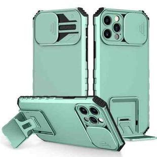 For iPhone 13 Stereoscopic Holder Sliding Camshield Phone Case(Light Blue)