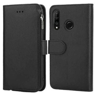 For Huawei P30 Lite Microfiber Zipper Horizontal Flip Leather Case(Black)