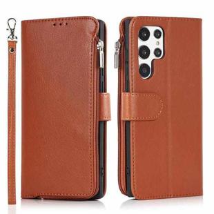 For Samsung Galaxy S22 Ultra 5G Microfiber Zipper Horizontal Flip Leather Case(Brown)