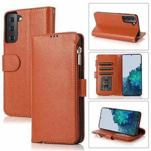 For Samsung Galaxy S21+ 5G Microfiber Zipper Horizontal Flip Leather Case(Brown)