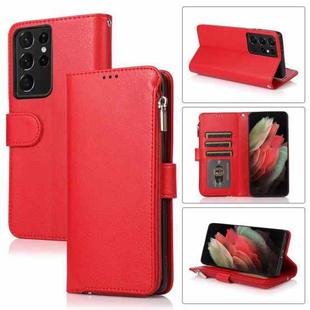 For Samsung Galaxy S21 Ultra 5G Microfiber Zipper Horizontal Flip Leather Case(Red)