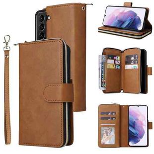 For Samsung Galaxy S22+ 5G 9 Card Slots Zipper Wallet Bag Leather Phone Case(Brown)