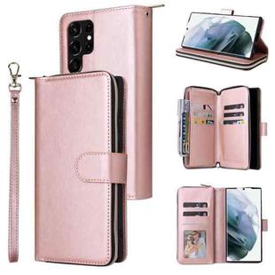 For Samsung Galaxy S22 Ultra 5G 9 Card Slots Zipper Wallet Bag Leather Phone Case(Rose Gold)
