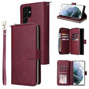 For Samsung Galaxy S22 Ultra 5G 9 Card Slots Zipper Wallet Bag Leather Phone Case(Wine Red)