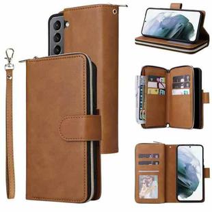 For Samsung Galaxy S22 5G 9 Card Slots Zipper Wallet Bag Leather Phone Case(Brown)