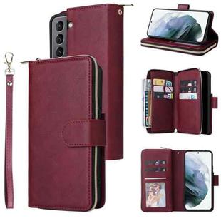 For Samsung Galaxy S22 5G 9 Card Slots Zipper Wallet Bag Leather Phone Case(Wine Red)