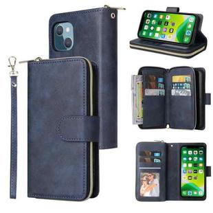 For iPhone 13 mini 9 Card Slots Zipper Wallet Bag Leather Phone Case (Blue)
