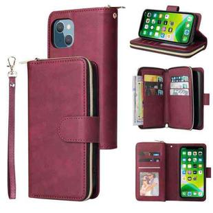 For iPhone 13 mini 9 Card Slots Zipper Wallet Bag Leather Phone Case (Wine Red)