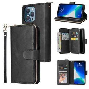 For iPhone 13 Pro 9 Card Slots Zipper Wallet Bag Leather Phone Case (Black)