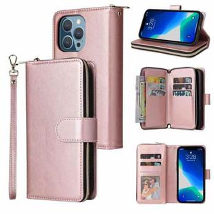 For iPhone 13 Pro 9 Card Slots Zipper Wallet Bag Leather Phone Case (Rose Gold)