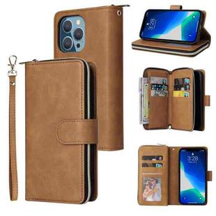 For iPhone 13 Pro 9 Card Slots Zipper Wallet Bag Leather Phone Case (Brown)