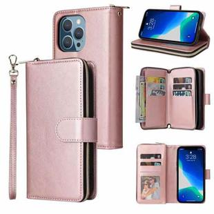 For iPhone 13 Pro Max 9 Card Slots Zipper Wallet Bag Leather Phone Case (Rose Gold)