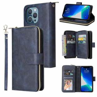For iPhone 13 Pro Max 9 Card Slots Zipper Wallet Bag Leather Phone Case (Blue)