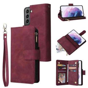 For Samsung Galaxy S22+ 5G Multifunctional Frosted Zipper Wallet Leather Phone Case(Wine Red)