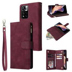 For Xiaomi Redmi Note 11 Pro China Multifunctional Frosted Zipper Wallet Leather Phone Case(Wine Red)