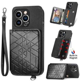 For iPhone 13 Pro Max Geometric Wallet Phone Case with Lanyard (Black)