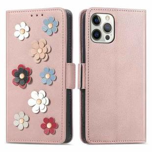 Stereoscopic Flowers Leather Phone Case For iPhone 12 / 12 Pro(Pink)