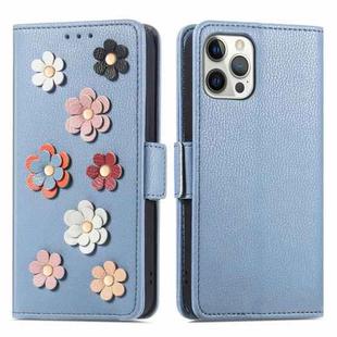 Stereoscopic Flowers Leather Phone Case For iPhone 12 / 12 Pro(Blue)