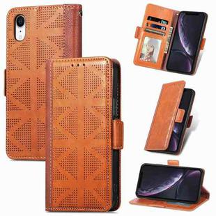For iPhone XR Grid Leather Flip Phone Case(Brown)